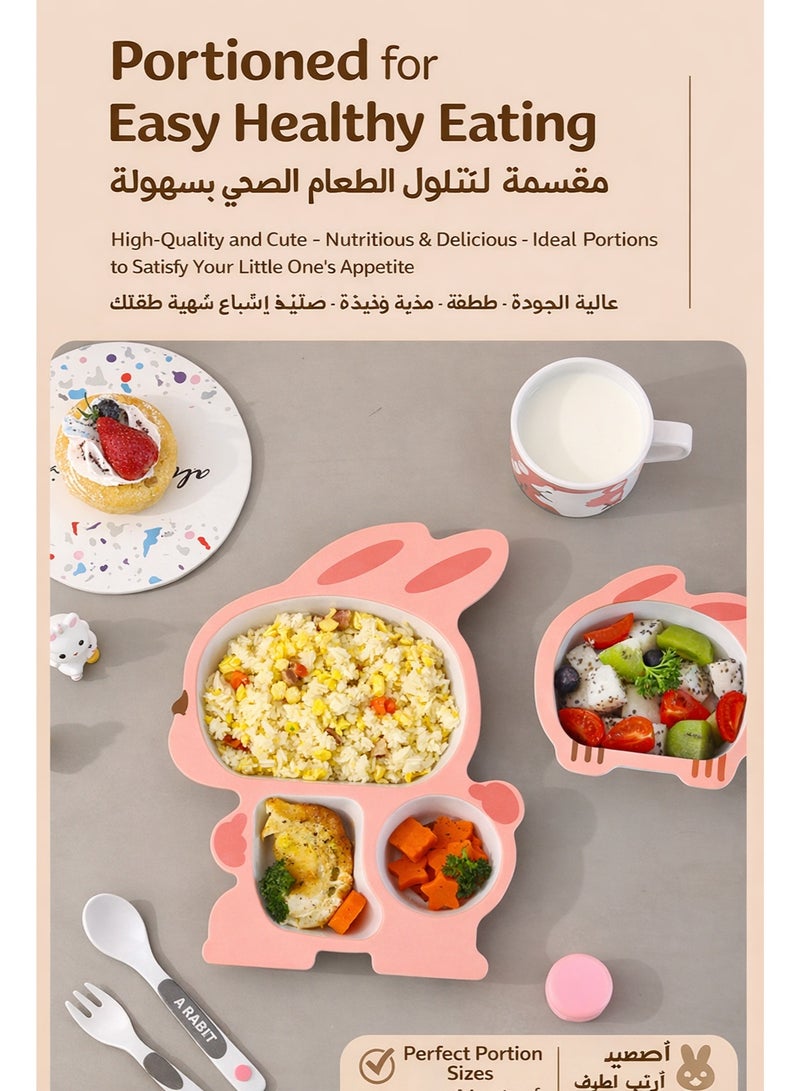 طقم أوعية وأطباق تغذية للأطفال 5 قطع، طقم أدوات مائدة من ألياف البامبو للأطفال، طقم طعام للأطفال الصغار بتصميم أرنب مع طبق مقسم ووعاء وكوب وملعقة وشوكة - Image 3